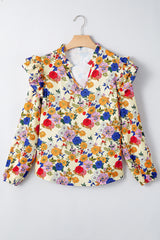 Apricot Ruffled Shoulder Long Sleeve Floral Blouse