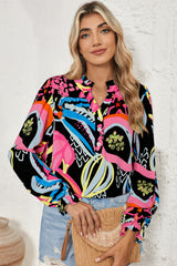 Green Abstract Print Ruffled Sleeve Buttoned V Neck Blouse