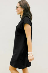 Black Plain Textured Pocketed Cap Sleeve Mini Dress