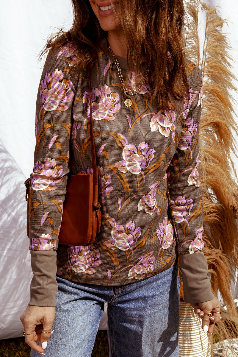 Brown Floral Print Waffle Textured Long Sleeve Top
