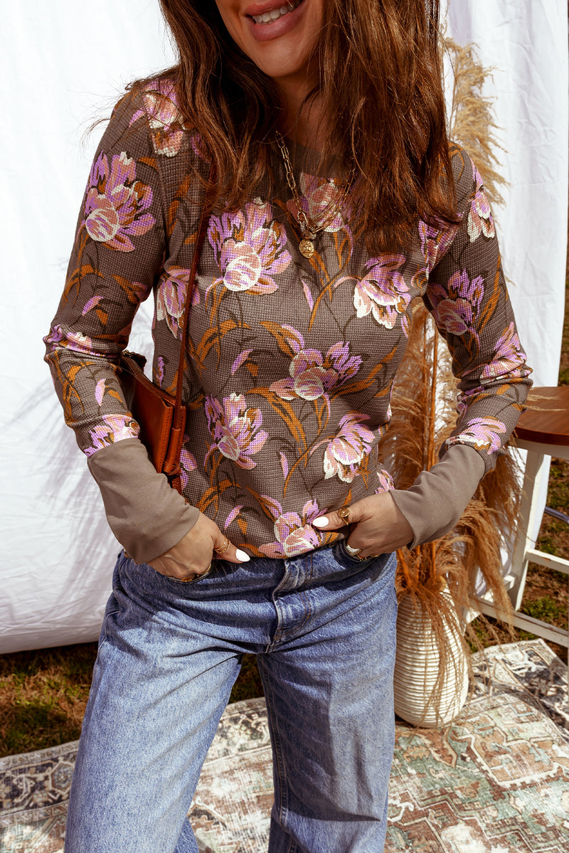 Brown Floral Print Waffle Textured Long Sleeve Top