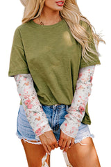 Fern Green Floral Mesh Patchwork Sleeve Crewneck Top