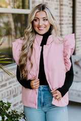 Pink Stand Neck Flutter Sleeve Snap Button Puffer Vest