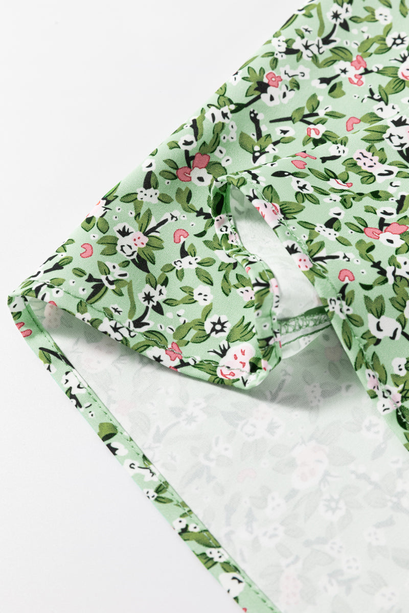 Green Boho Floral V Neck Short Sleeve Blouse