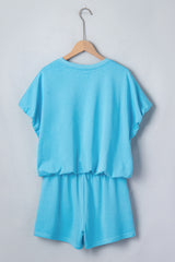 Green Solid Color Puffy Loose Top Drawstring Shorts 2pcs Outfit