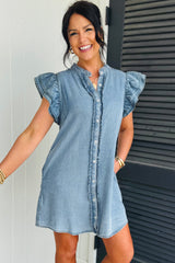 Red Sandalwood Frilled Detail Button Down Ruffle Short Sleeve Denim Mini Dress