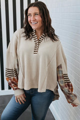 Parchment Plus Size Waffle Striped Plaid Patchwork Henley Pullover
