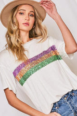 White Colorblock Sequin Mardi Gras Crewneck T Shirt