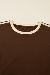 Dark Brown Varsity Striped Crew Neck Long Sleeve Top