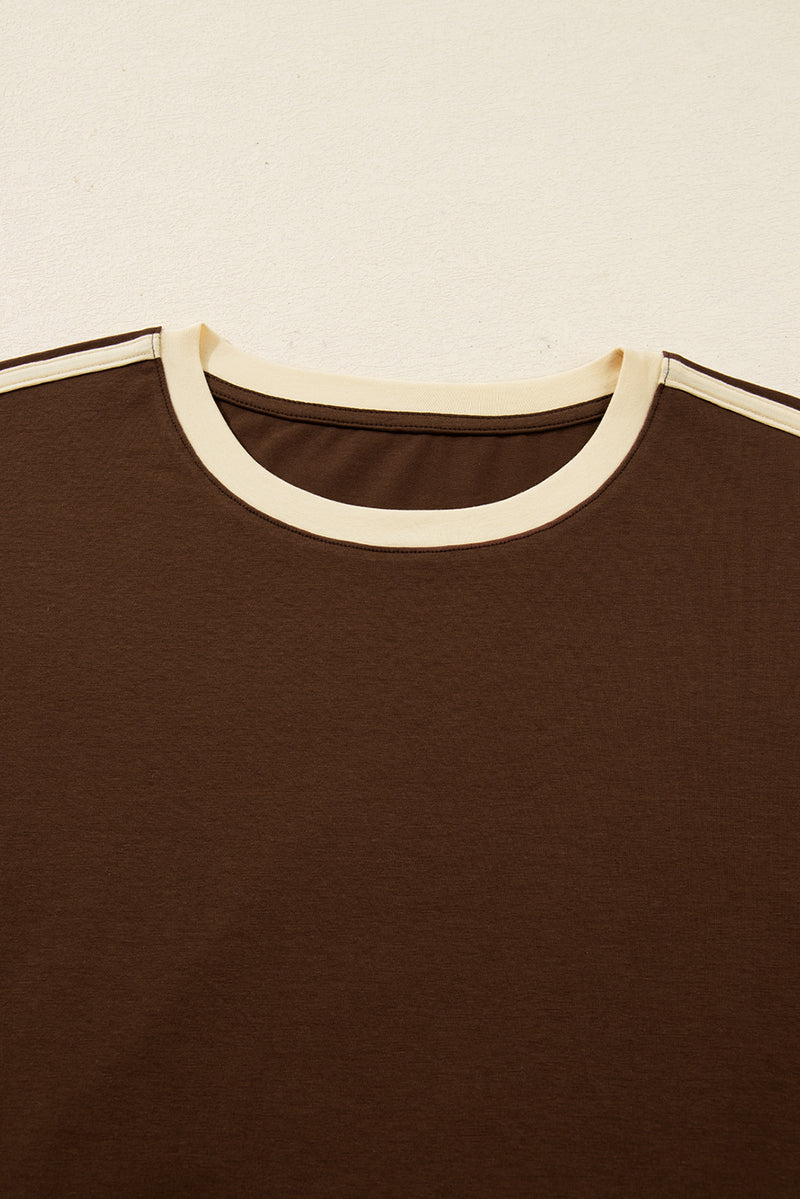 Dark Brown Varsity Striped Crew Neck Long Sleeve Top