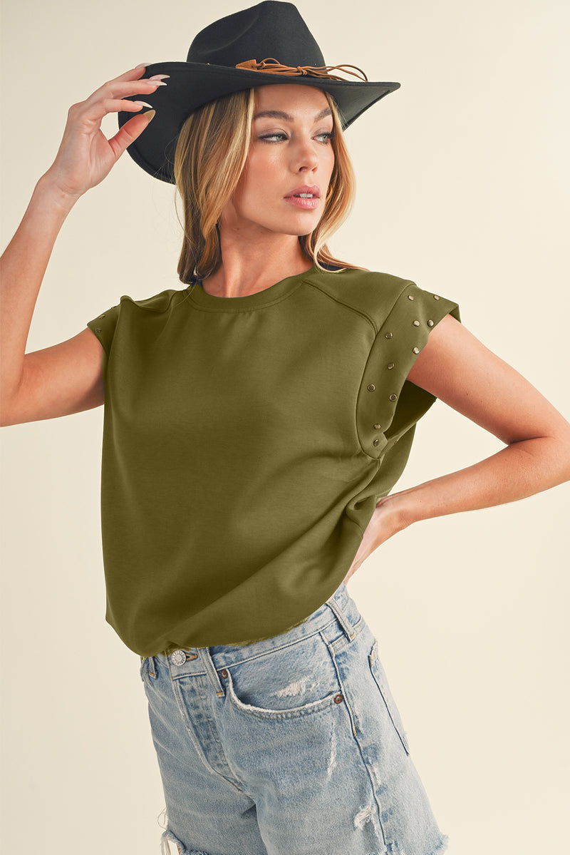 Black Casual Rivet Round Neck T Shirt