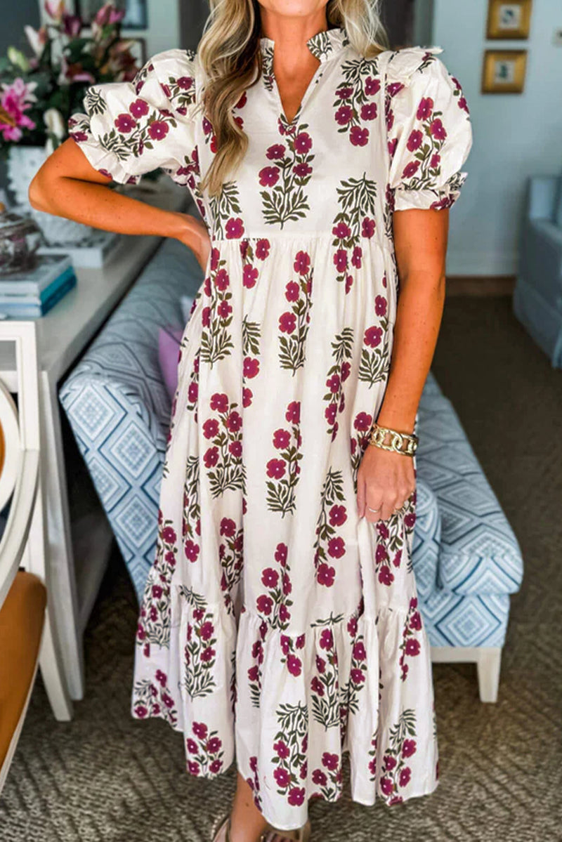 Black Floral Short Bubble Sleeve Tiered Maxi Dress