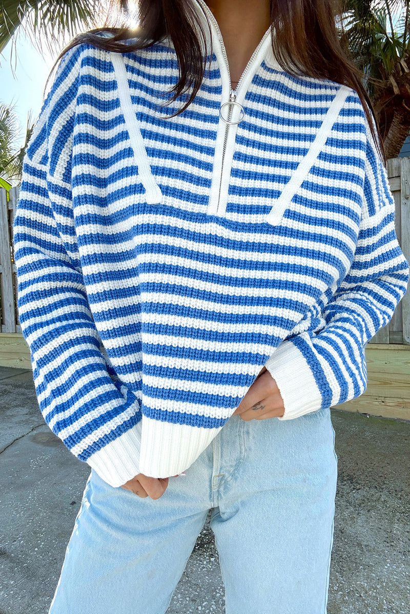 Sky Blue Stripe Zip up Collar Drop Shoulder Sweater