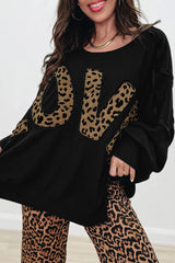 Black Oversized Leopard LOVE Letter Graphic Round Neck Sweatshirt