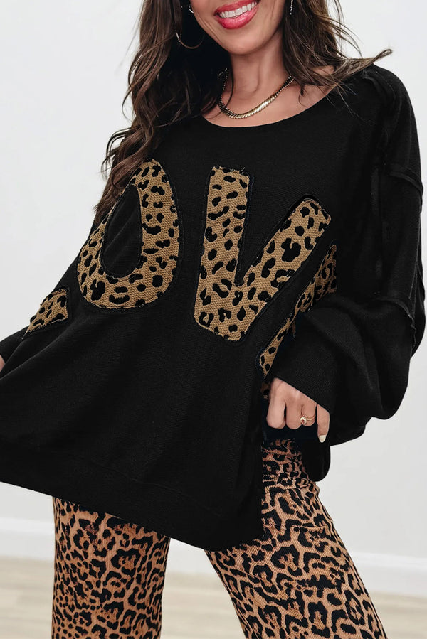 Black Oversized Leopard LOVE Letter Graphic Round Neck Sweatshirt
