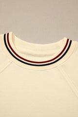 Beige Contrast Varsity Striped Neckline Cuffed Short Sleeve Loose Tunic Top