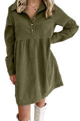 Vineyard Green Corduroy Half Button Collared Long Sleeve Mini Dress