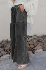 Black Mineral Wash Tiered Wide Leg Patchwork Drawstring Pants