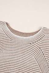 Light French Beige Striped Print Ribbed Knit Raglan Sleeve Baggy Sweater