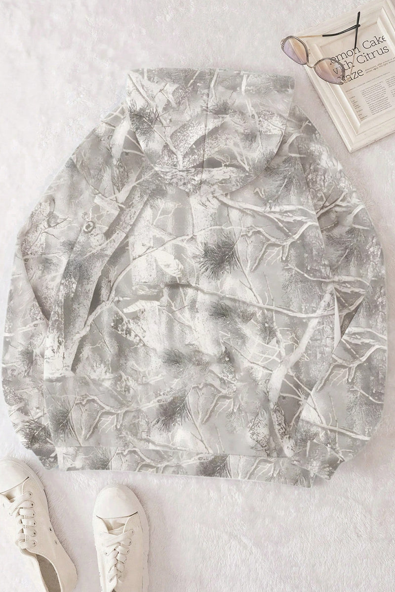 Gray Abstract Print Kangaroo Pocket Oversized Hoodie