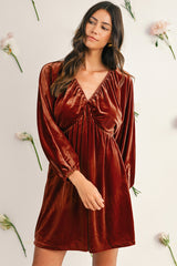 Clay Elastic V Neck Puff Sleeve Flowy Velvet Dress