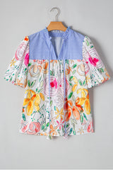 Multicolour Floral Print Striped Frill V Neck Puff Sleeve Blouse