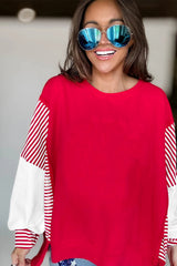 Fiery Red Striped Patchwork Sleeve Colorblock Sweatshirt