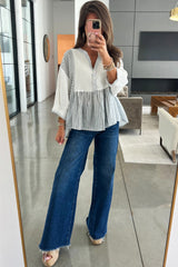 Gray Stripe Half Button Gauze Patchwork Bracelet Sleeve Babydoll Blouse