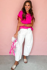 Rose Red Contrast Trim Round Neck Short Sleeve Loose Knit Top