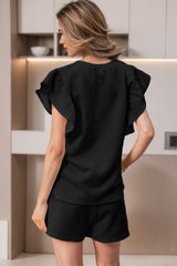 Black Textured Ruffle Sleeve Tee and Drawstring Shorts Set