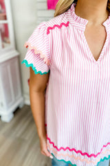 Wholesale Sky Blue Striped Ricrac Splicing Frill V-Neck Blouse