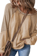 Black Solid Waffle Knit Patchwork Raglan Sleeve Sweatshirt