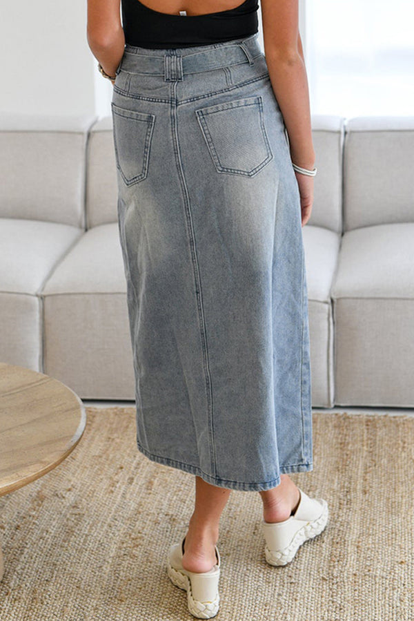 Dusk Blue Light Washed Belted High Waist Denim Skirt
