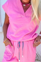 Mint Green Solid Color V Neck Tee Drawstring Pant Set