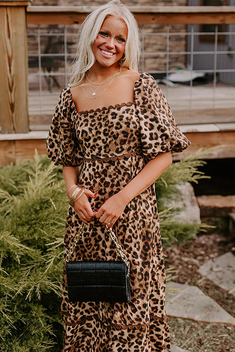 Brown Leopard Print Bubble Sleeve Ricrac Maxi Dress