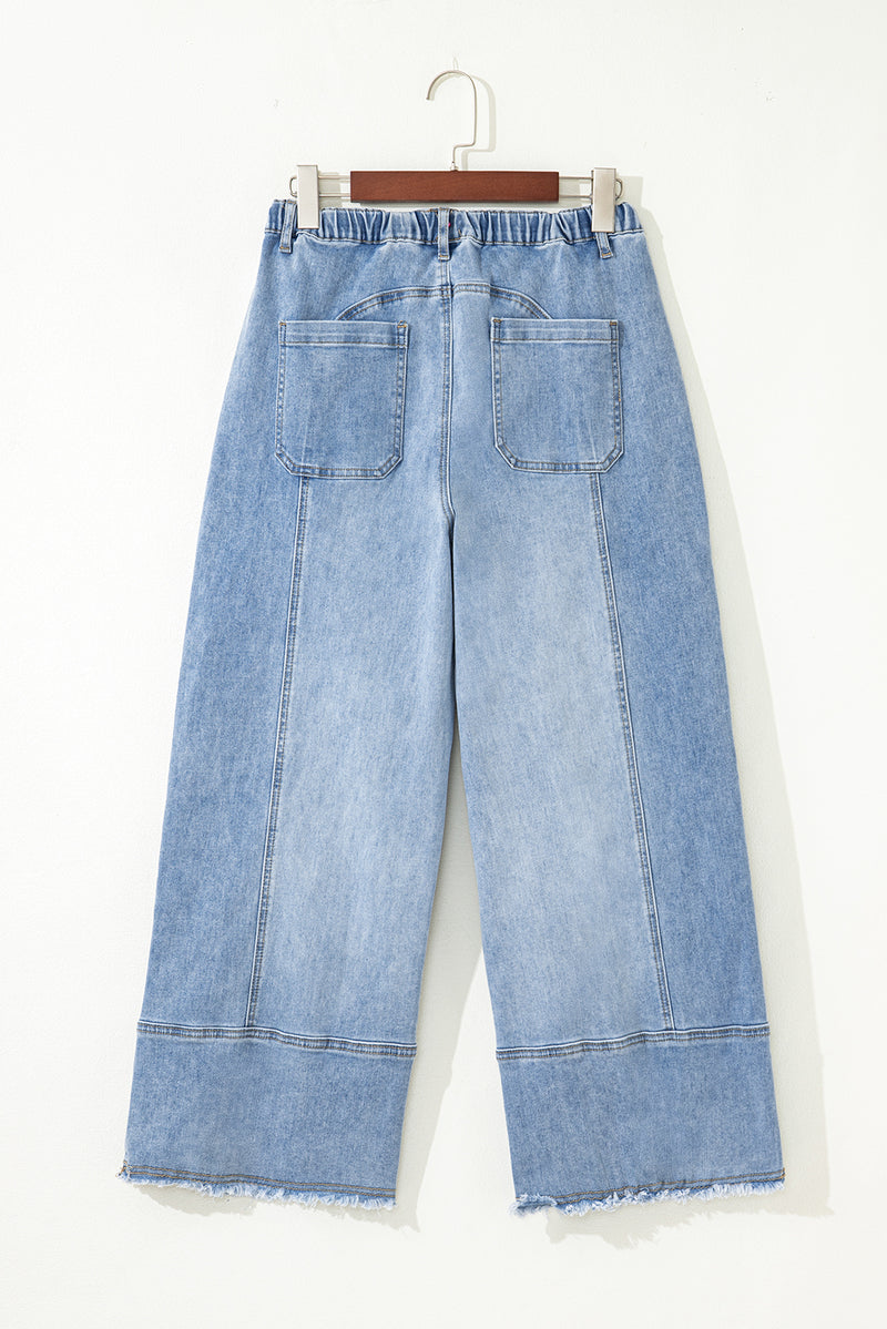 Prussian Blue Drawstring Seam Detail Raw Hem Wide Leg Jeans