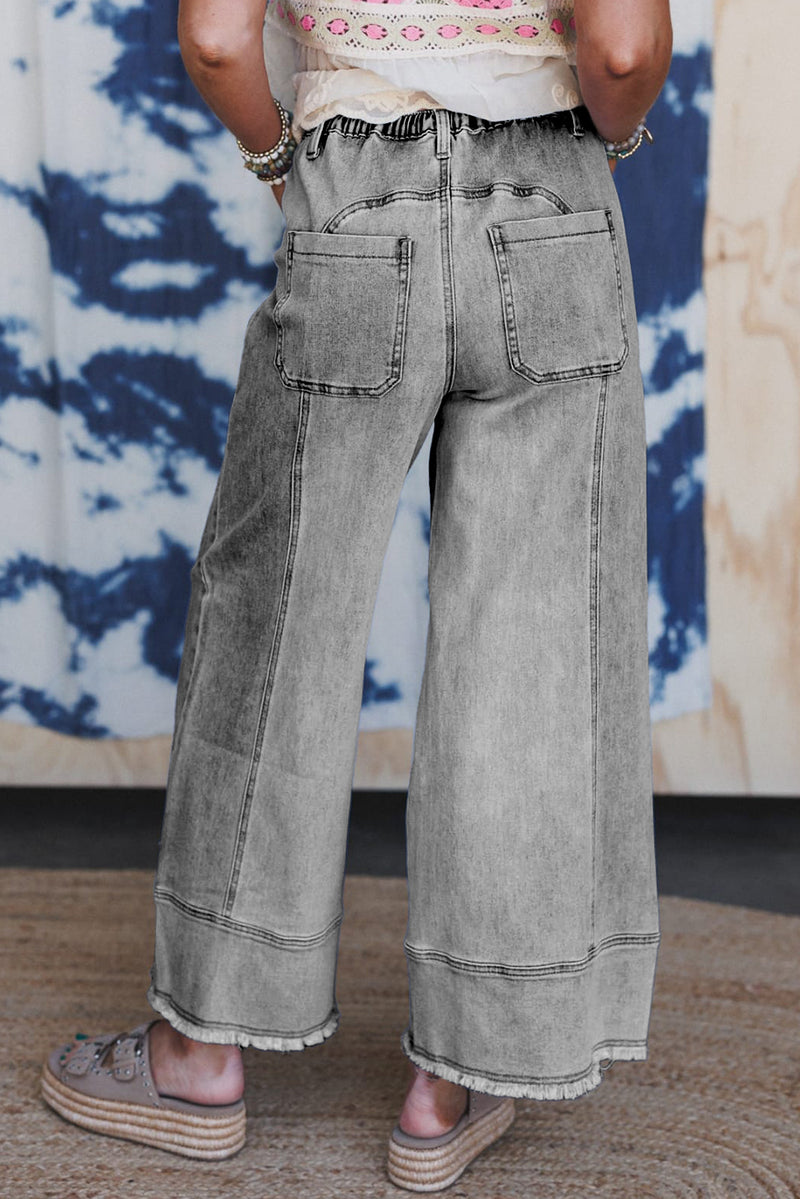 Prussian Blue Drawstring Seam Detail Raw Hem Wide Leg Jeans