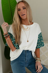 White Daisy Floral Patchwork Drop Sleeve Oversized Top