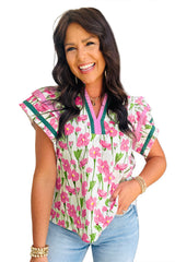 Red Floral Print Contrast Trim V Neck Double Ruffled Short Sleeve Blouse