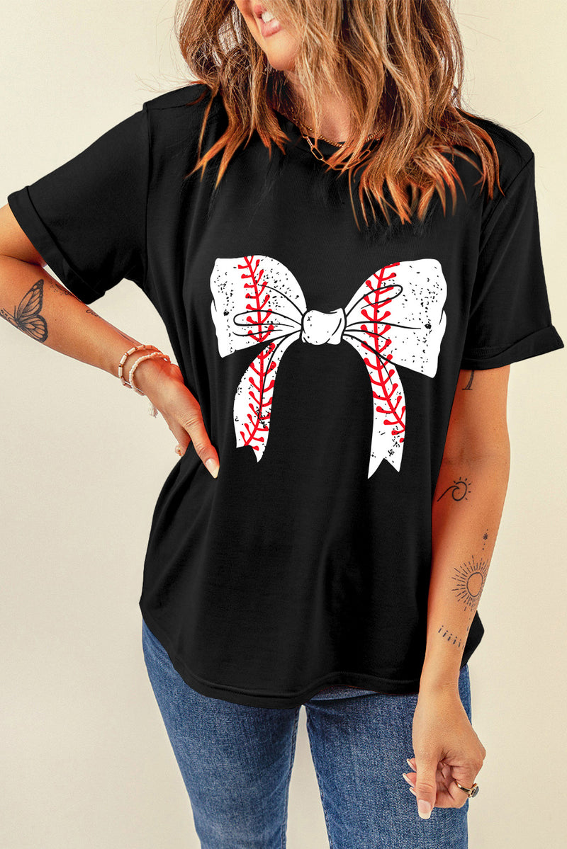Rose Red Casual Baseball Bowknot Graphic Tee
