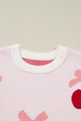 White Cherry Pattern Drop Shoulder Sweater