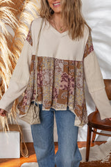 Beige Paisley Ethnic Print Waffle Patchwork Long Sleeve Loose Top