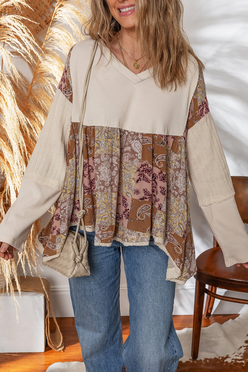 Beige Paisley Ethnic Print Waffle Patchwork Long Sleeve Loose Top