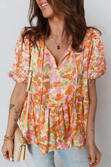 Orange Split V Neck Short Sleeve Flower Blouse