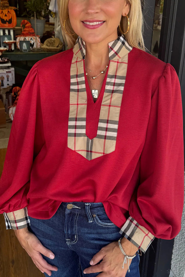 Racing Red Plaid Patchwork V Neck Bubble Sleeve Top