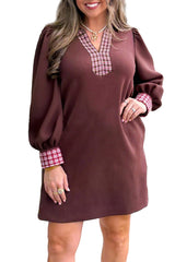 Coffee Contrast Plaid Trim Patchwork Collared Plus Size Mini Dress