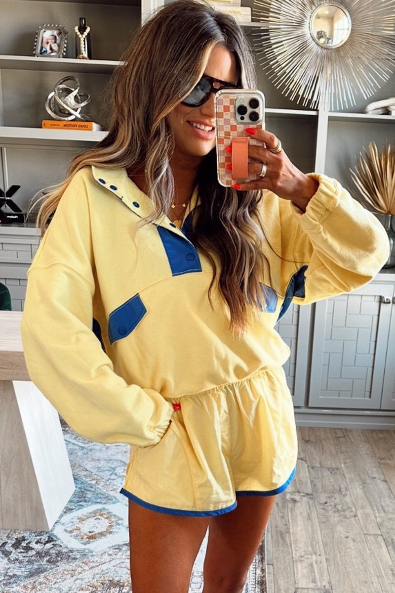 Yellow Colorblock Patchwork Half Button Pullover and Shorts Outfit