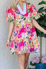 Rose Bright Floral Print Ricrac Trim Striped Patchwork V Neck Dress