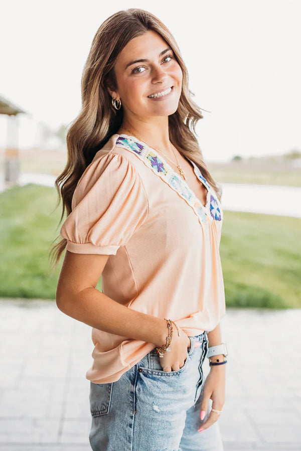 Pale Chestnut Floral Crochet V Neck Crinkled Blouse