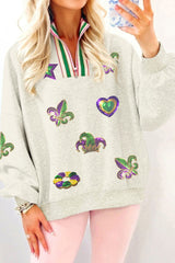 Light Grey Mardi Gras Elements Sequin Patched Striped Patchwork Zip Neck Pullover Sweatshirt